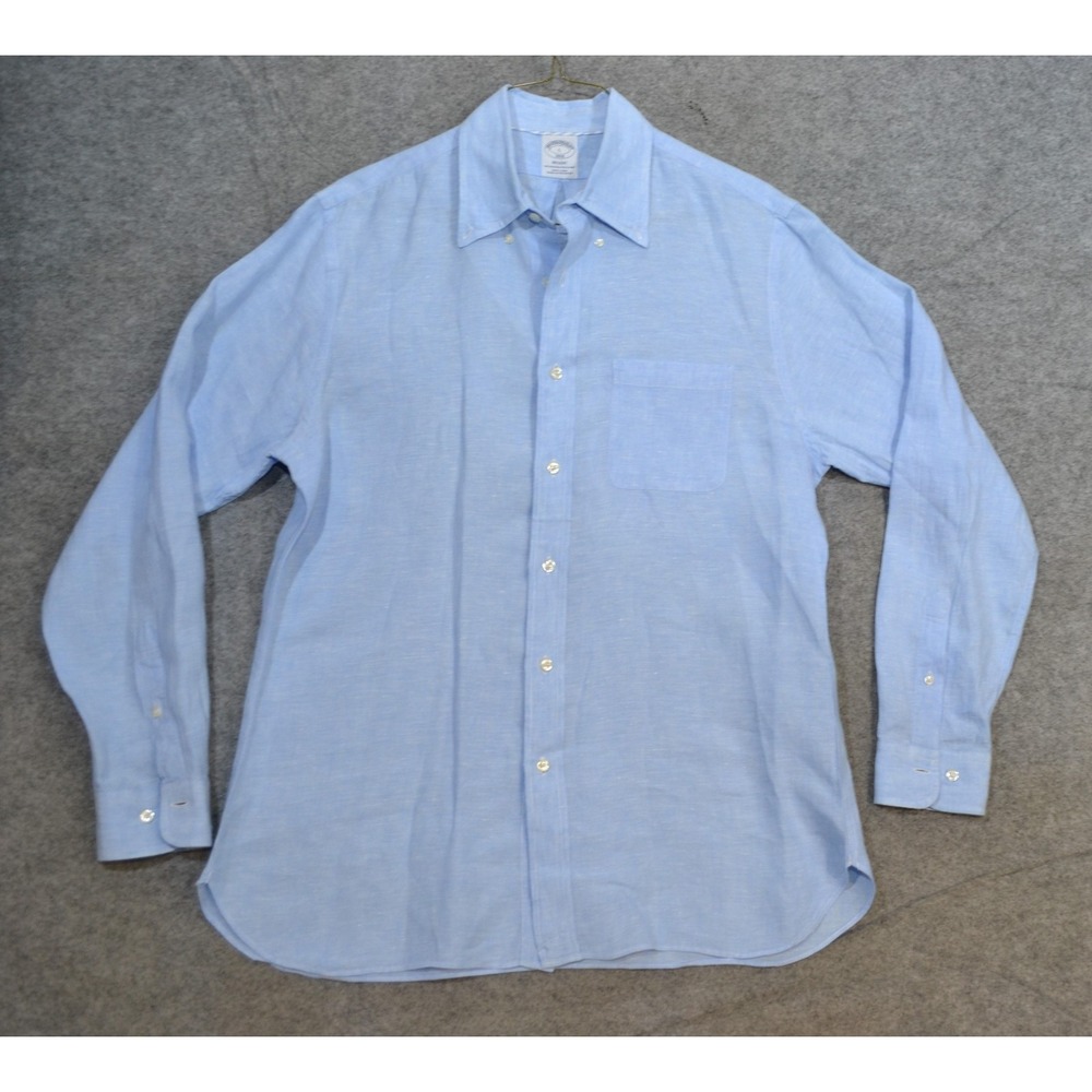 Brooks Brothers Shirt Mens L Blue Pure Linen Button Down Long Sleeve Casual